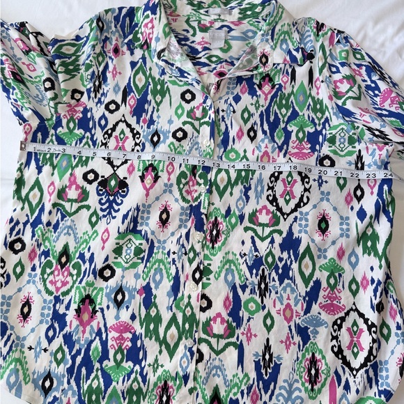 Chico's White Ikat Print Button-Up Shirt with Green, Blue and Pink Accents - Picture 9 of 11